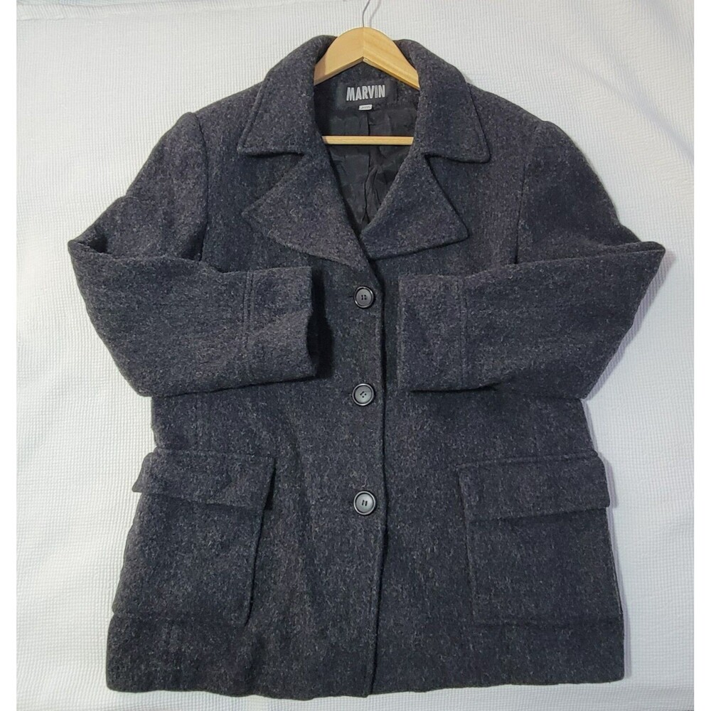 Vintage MARVIN RICHARDS Charcoal Gray Wool Blend Pea Coat Size M Lined Academia